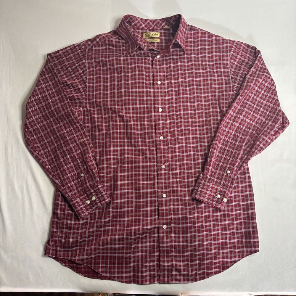 Roundtree & Yorke Gold Label Plaid Flannel Shirt Red Non-Iron